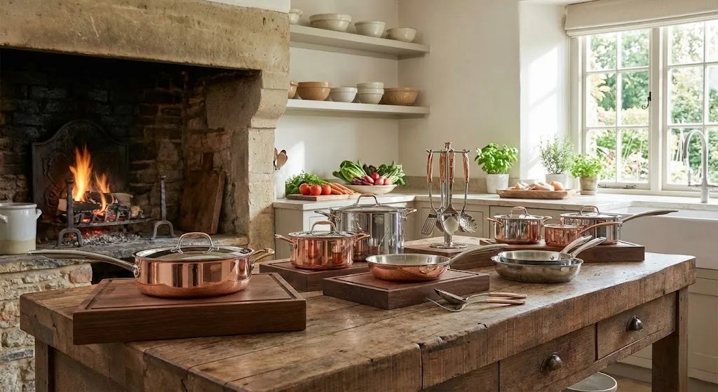 Premium cookware collection with stylish pots and pans arranged on a kitchen countertop