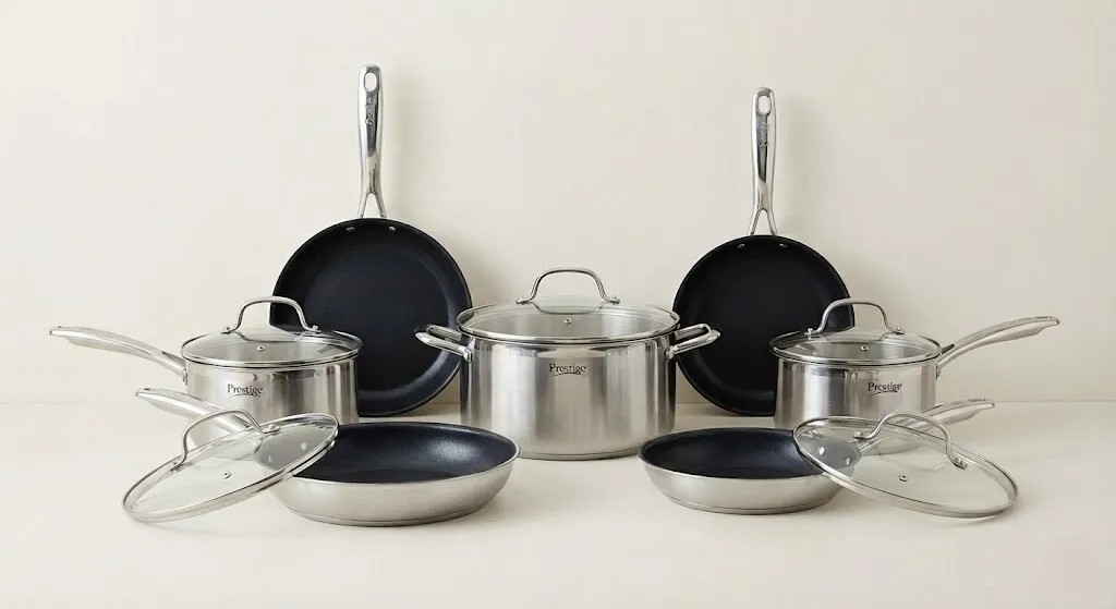 Prestige cookware set with pots and pans arranged on a kitchen counter