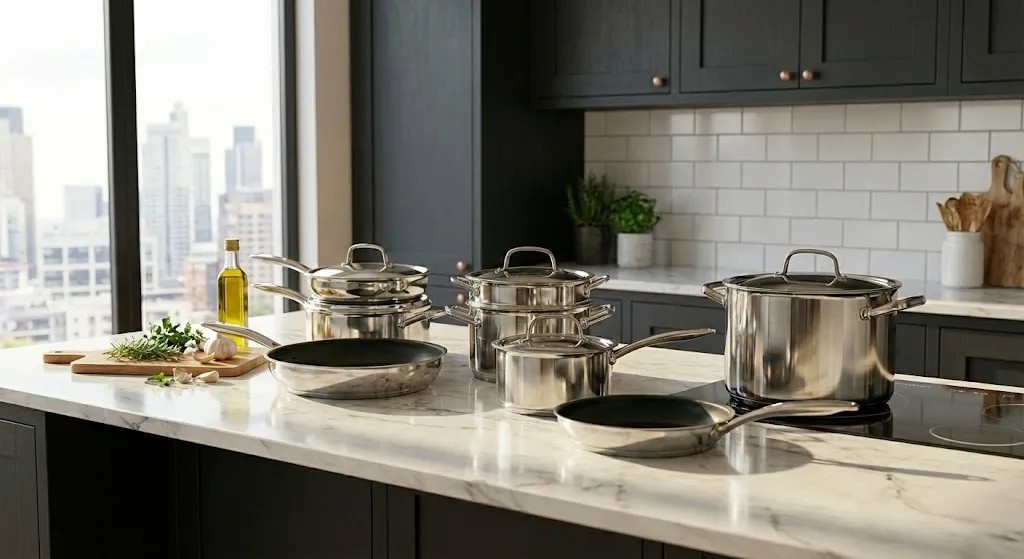 Assorted cookware sets with various pots and pans displayed on a kitchen counter