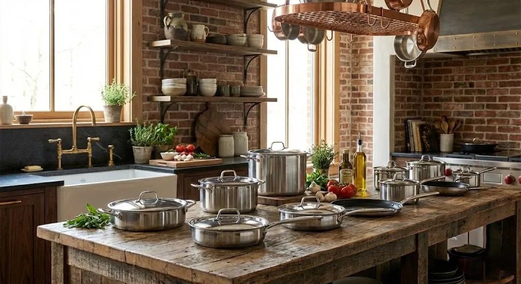 Assorted high-quality kitchen gadgets and accessories displayed in a stylish contemporary kitchen setting.