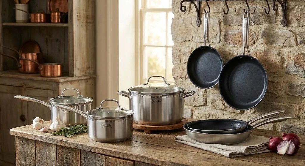Prestige cookware set with various pots and pans displayed on a kitchen countertop.