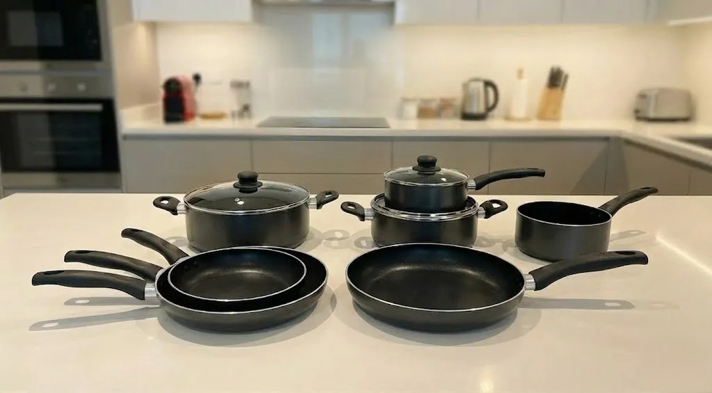Royalford cookware set with assorted pots and pans displayed on a kitchen counter.