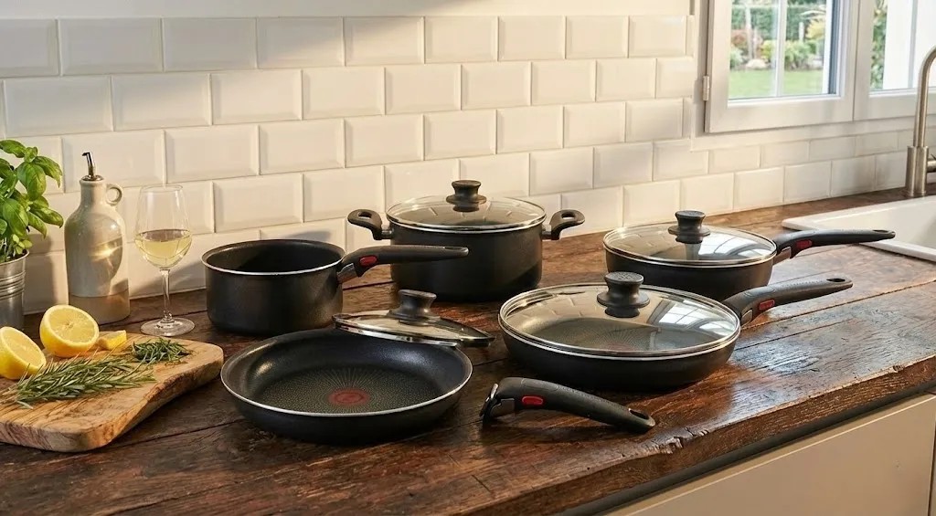 A complete cookware set featuring nonstick pans and pots displayed for comparison and review.