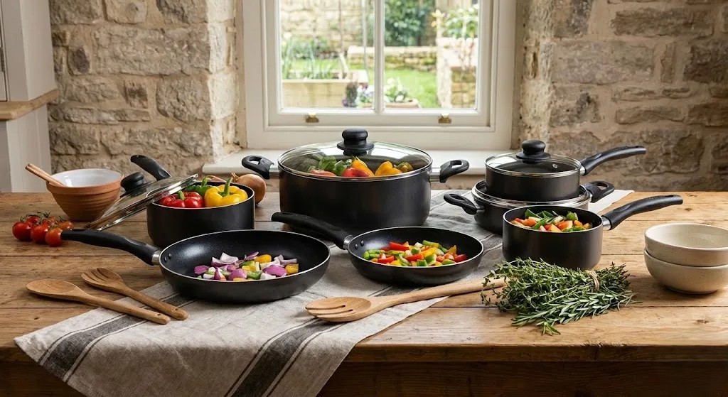 Close‑up of Royalford pots and pans showing different sizes and quality finish.
