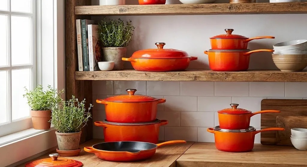 Le Creuset cookware set with colorful pots and pans arranged in a kitchen