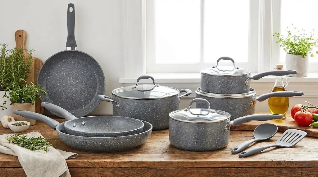Nonstick cookware set with various pots and pans displayed on a kitchen countertop