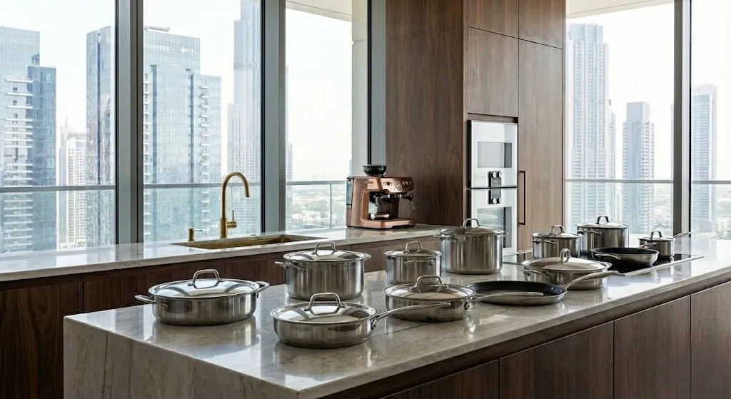 Premium kitchen accessories including utensils and tools displayed on a modern kitchen countertop