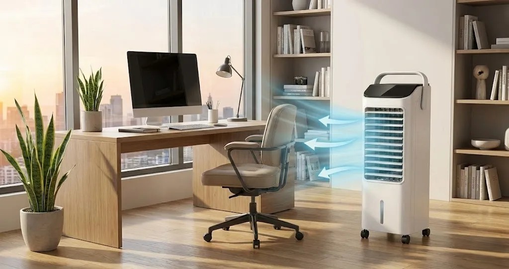 Slim portable tower air cooler designed for effective home cooling and airflow