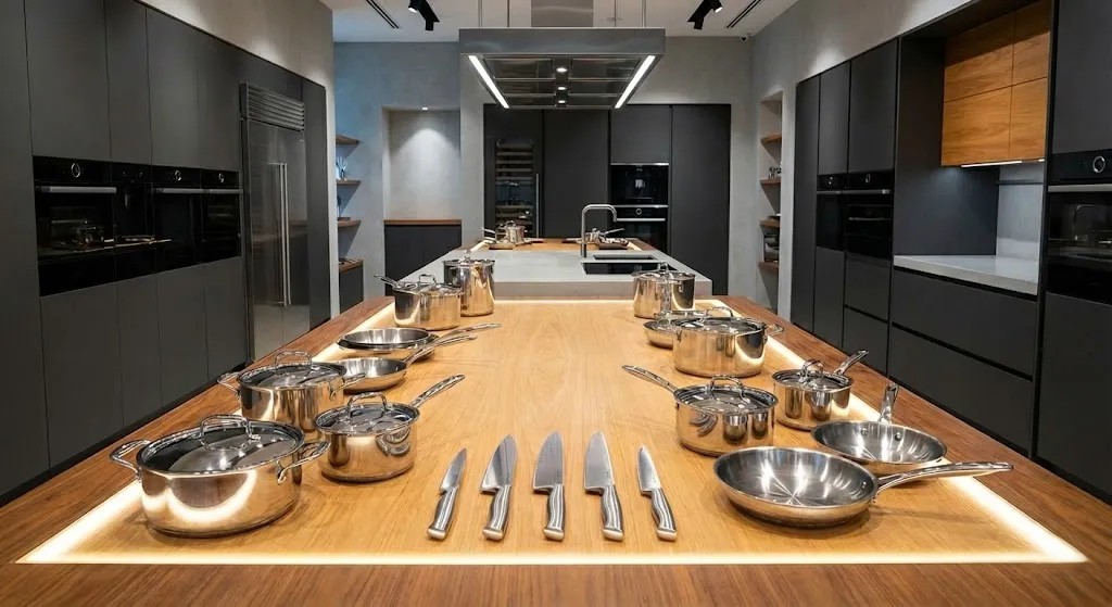 Stainless steel cookware set with pots and pans displayed on a kitchen countertop