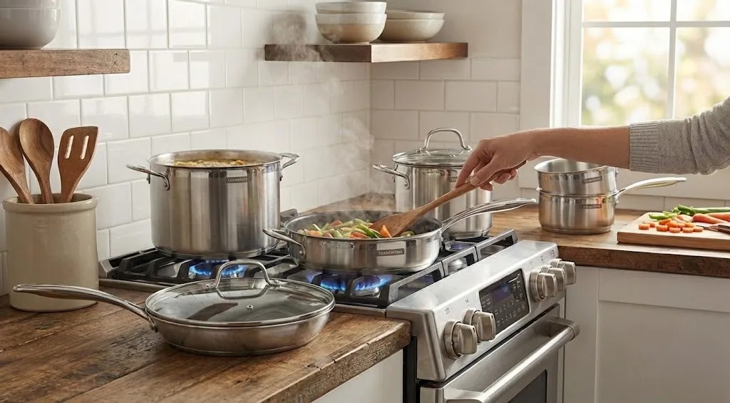 Assorted Tramontina nonstick and stainless steel cookware pieces arranged on a kitchen surface.