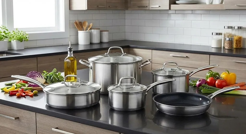 Cookware sets displayed in a modern kitchen to guide choosing the right kitchen essentials