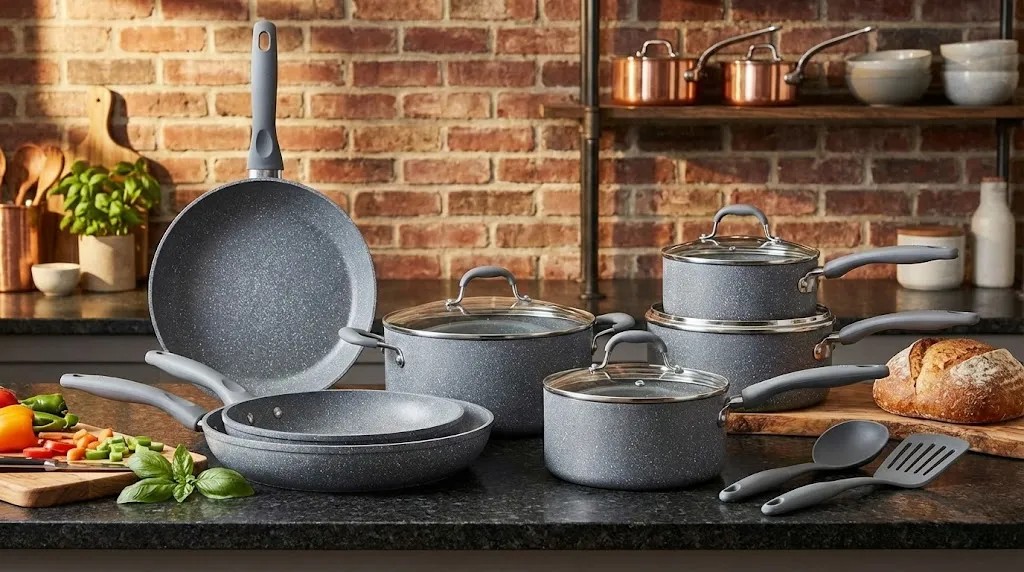 A variety of nonstick cookware including pans and pots in different sizes and colors.