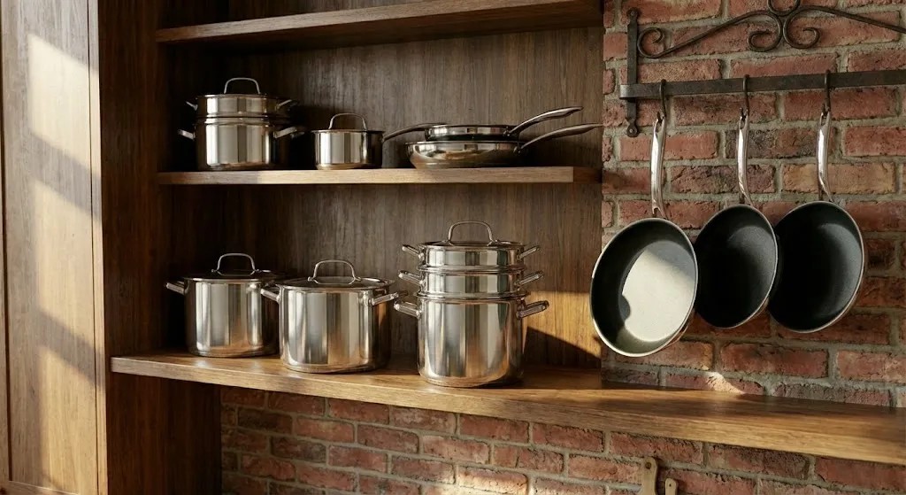 Variety of cookware sets including pots and pans displayed on a kitchen counter with deal tags.