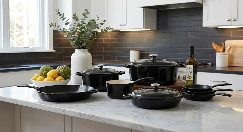 Heavy‑duty cast iron pots and pans displayed together with cooking utensils in a kitchen setting.