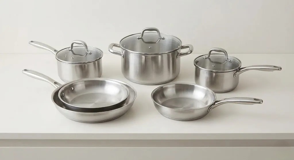 Berghoff cookware set with assorted pots and pans displayed on a kitchen countertop