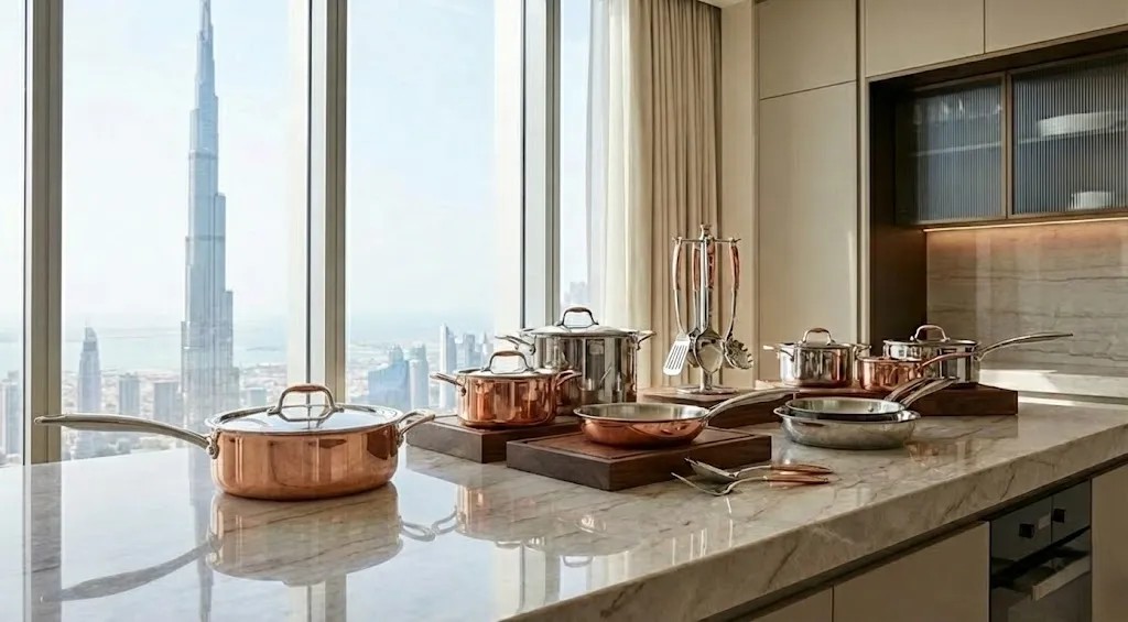 Assorted premium cookware pieces displayed on a kitchen countertop in UAE.
