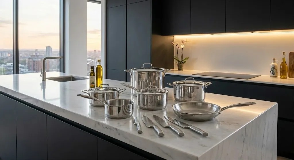 Variety of steel cookware displayed together for a UAE cookware guide.