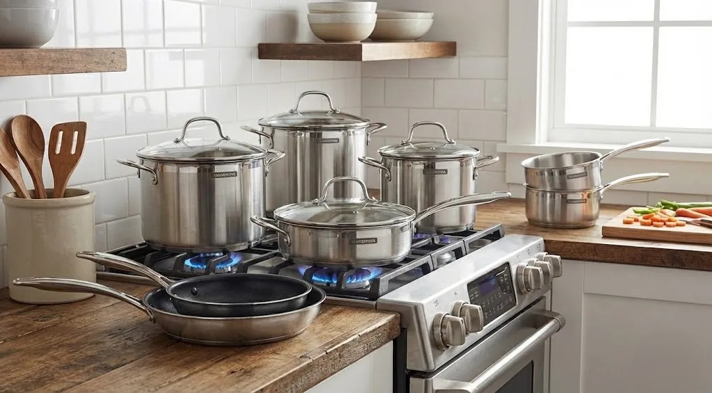 Tramontina cookware set displayed with various pots and pans for review and safety guide.