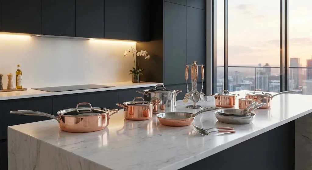 Assorted premium cookware pieces displayed on a kitchen countertop in UAE.