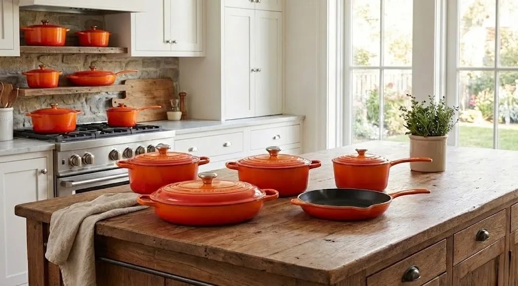 Premium enameled cookware set with lids and handles displayed on a kitchen countertop.
