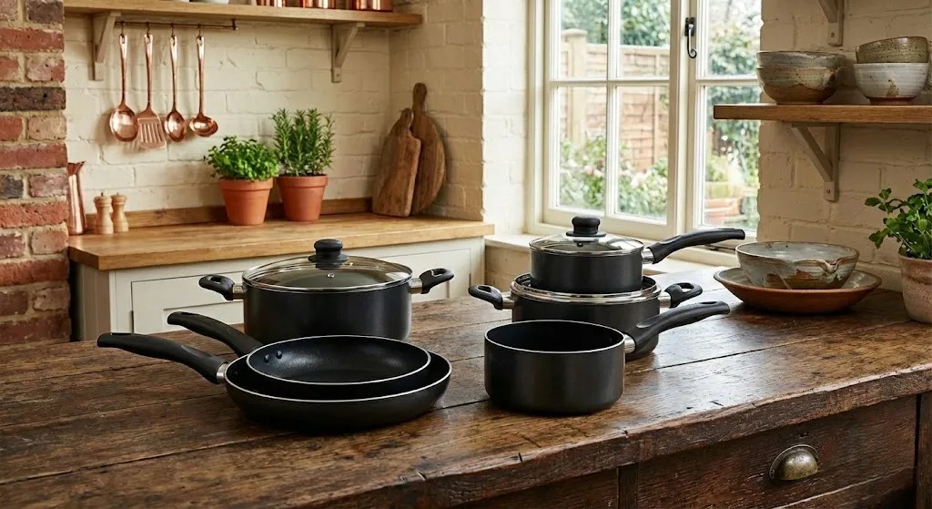 Royalford cookware set with various pots and pans displayed on a kitchen surface