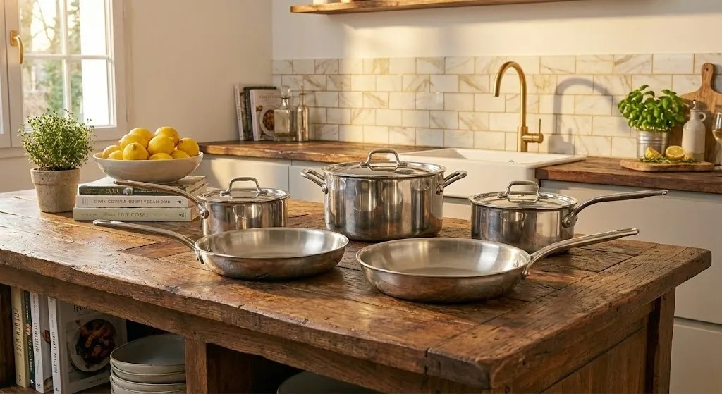 Assorted cookware pieces arranged to show different types, materials, and cooking surfaces.