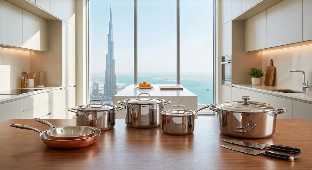 Assorted high‑quality cookware pieces including pots and pans displayed on a kitchen surface