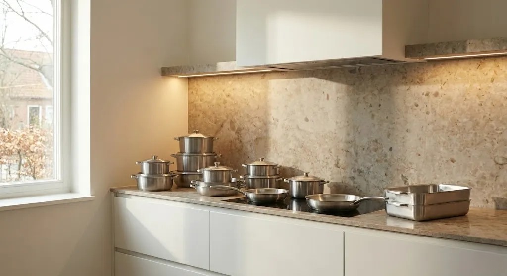 Ceramic cookware sets of various sizes and colors arranged on a kitchen counter.