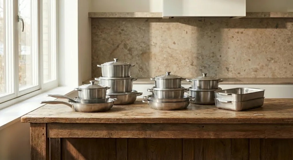 Ceramic cookware sets with pots and pans arranged for modern kitchen use