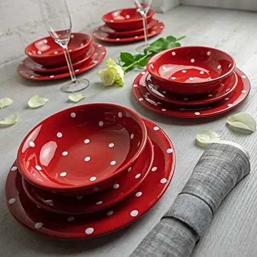 City to Cottage® 12-Piece Red & White Speckled Stoneware Dinnerware Set | Handmade Dinner Set for 4 | Dinner Plates, Side Plates, Bowls | Pottery Dinnerware