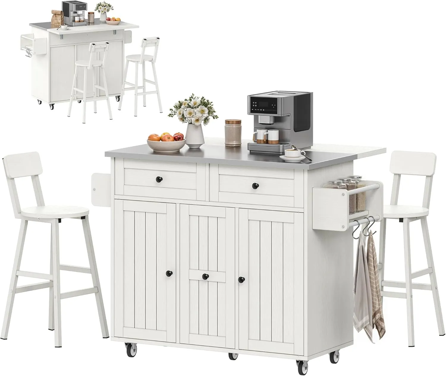 dwvo kitchen island cart with 2 chairs | rolling storage table