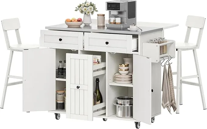 DWVO kitchen island cart with 2 chairs and rolling storage table.