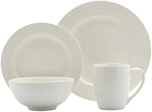 Embossed Bone White Round Dinnerware Set - Chip Resistant, Porcelain, White, 16 Piece