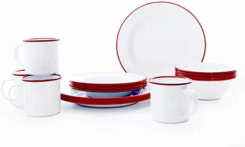 Enamel Dinnerware Set 16-Piece Red Trim