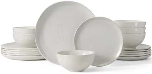 Famiware Moonlight Plates and Bowls Sets, 18 Piece Stoneware Dinnerware Set with Linen Finish, Handmade Dishware set for 6, Microwave and Dishwasher Safe, Chip and Scratch Resistant, White