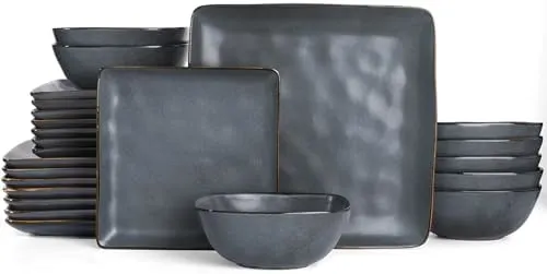 Famiware Dinnerware Sets for 8, Ocean Square 24-Piece Kitchen Plates and Bowls Sets, Microwave and Dishwasher Safe, Scratch Resistant, Matte Black