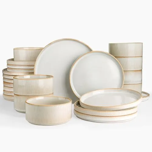 Famiware Star Dinnerware Sets, Plates and Bowls Set for 8, 24 Piece Dish Set, Cappuccino White