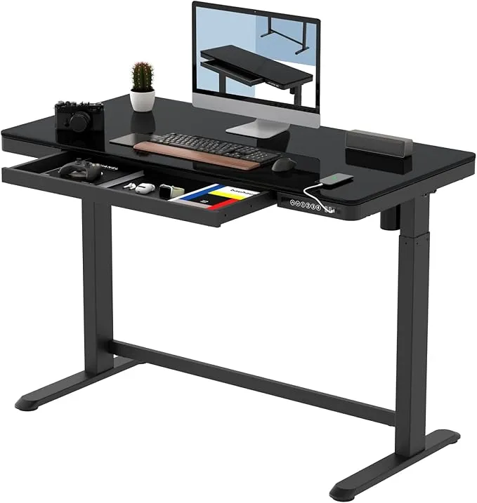Flexispot 48×24" electric standing desk with white glass top.