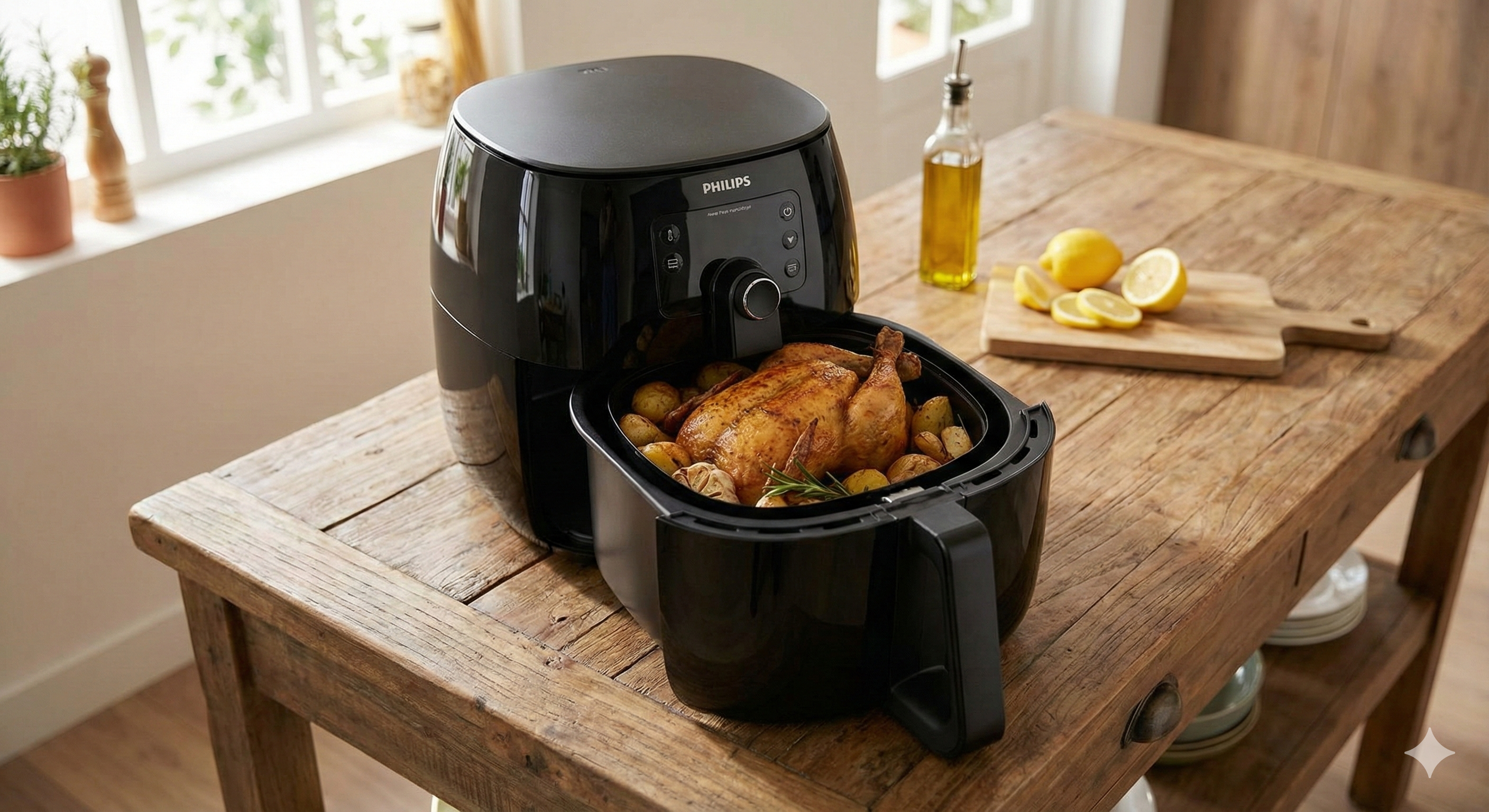 Philips vs Ninja Air Fryer comparison showing roasted chicken wings and crispy french fries on a Dubai kitchen counter.