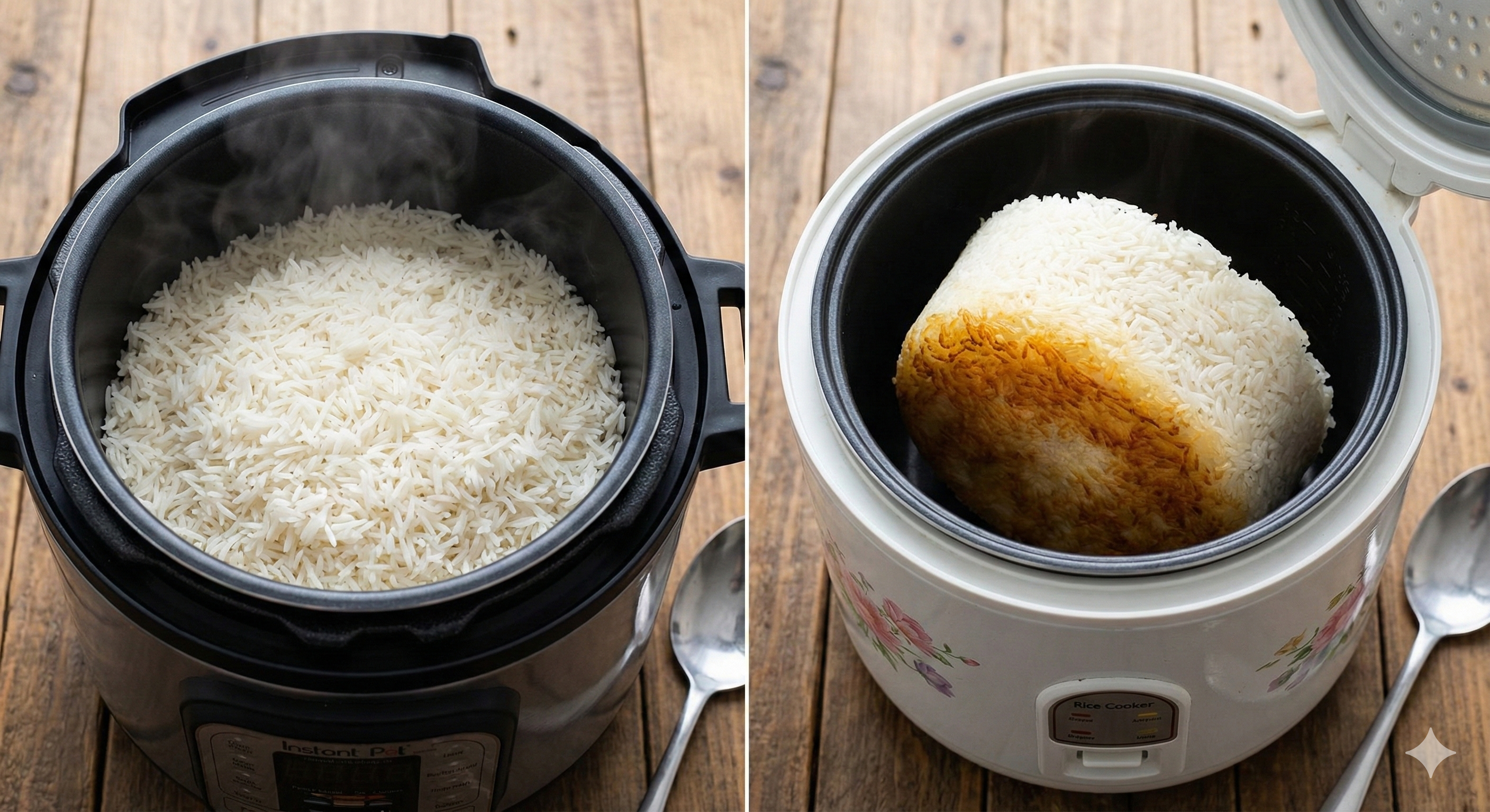 Close-up comparison of fluffy white Basmati rice in Nutricook Smart Pot versus crispy brown bottom rice in Panasonic cooker.