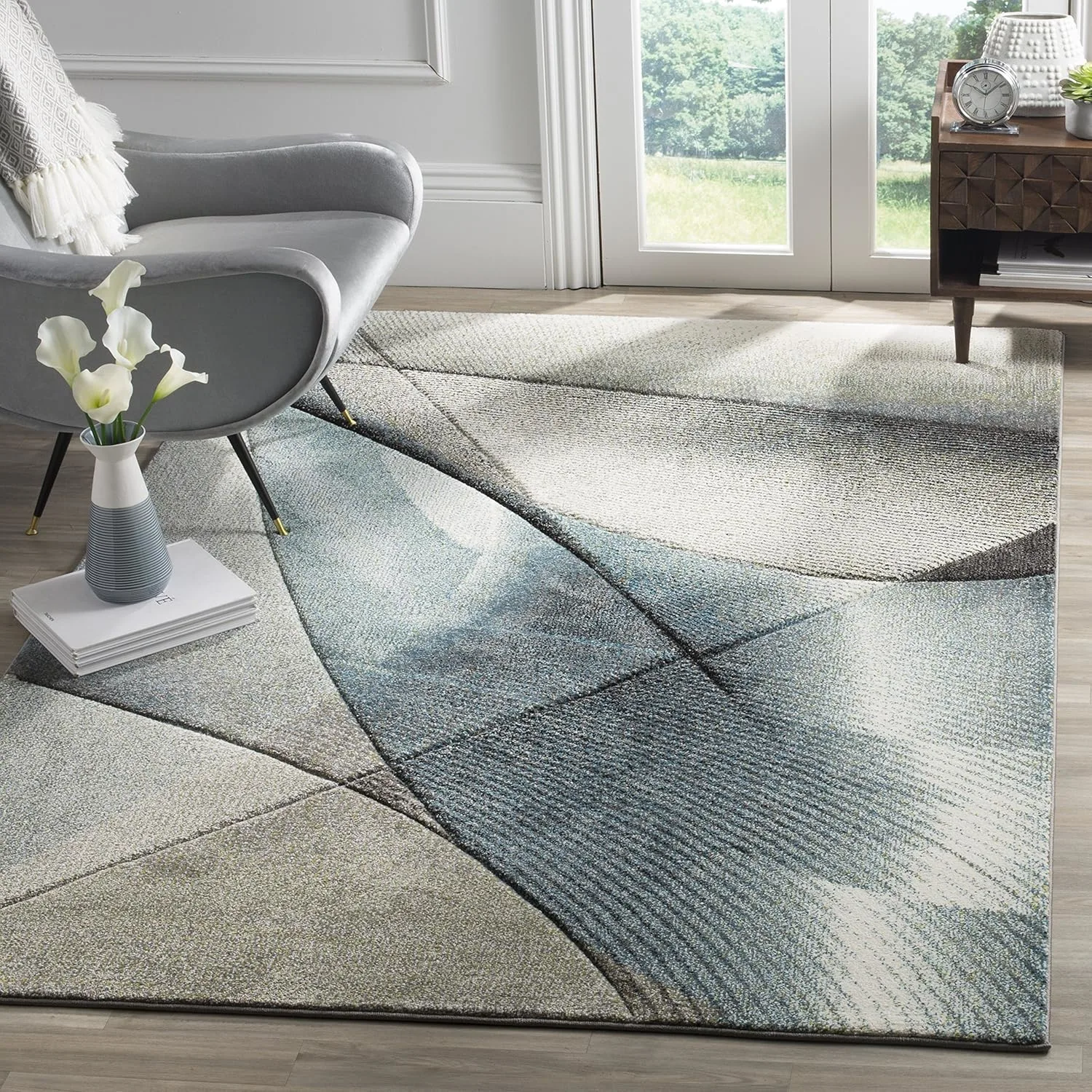 grey teal mid century modern rug 1