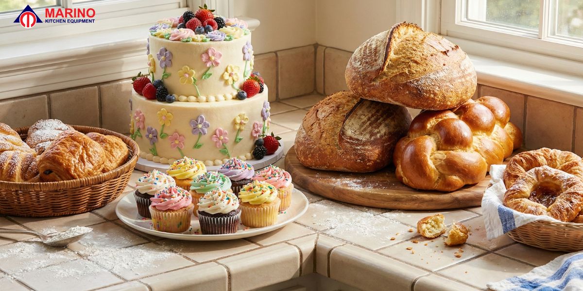 Modern home bakery kitchen with organized counters, baking tools, and fresh ingredients