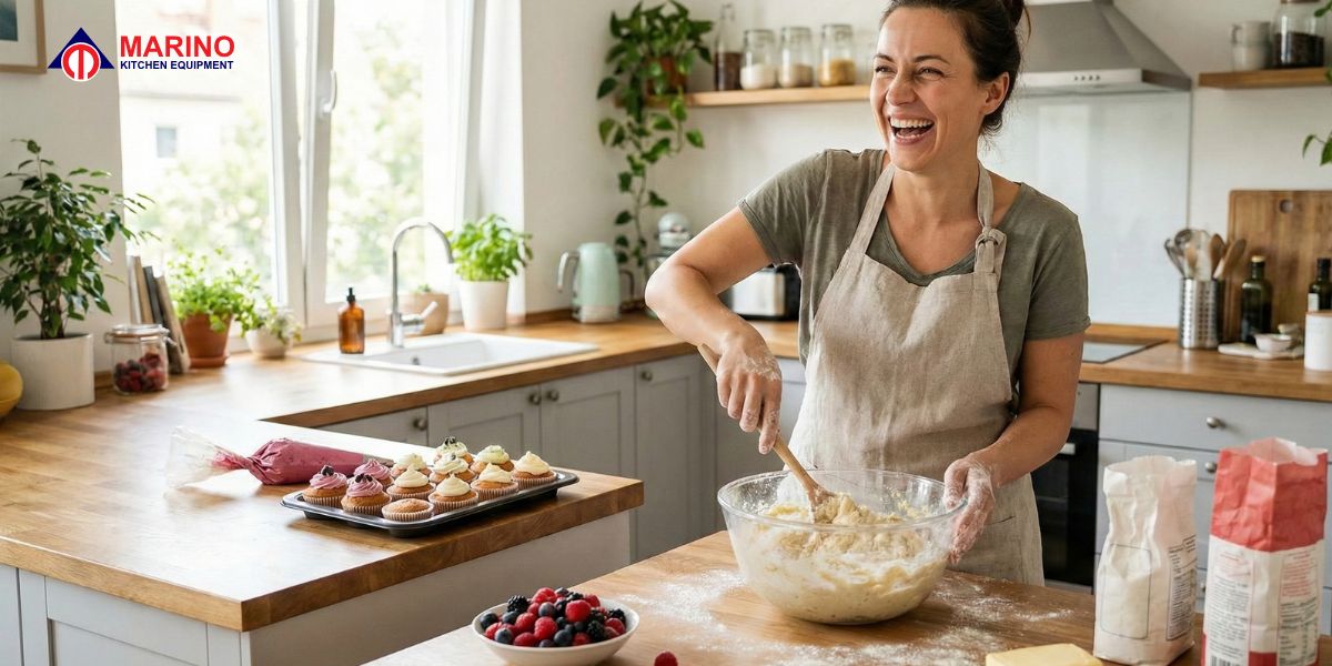 Modern home bakery kitchen with organized counters, baking tools, and fresh ingredients