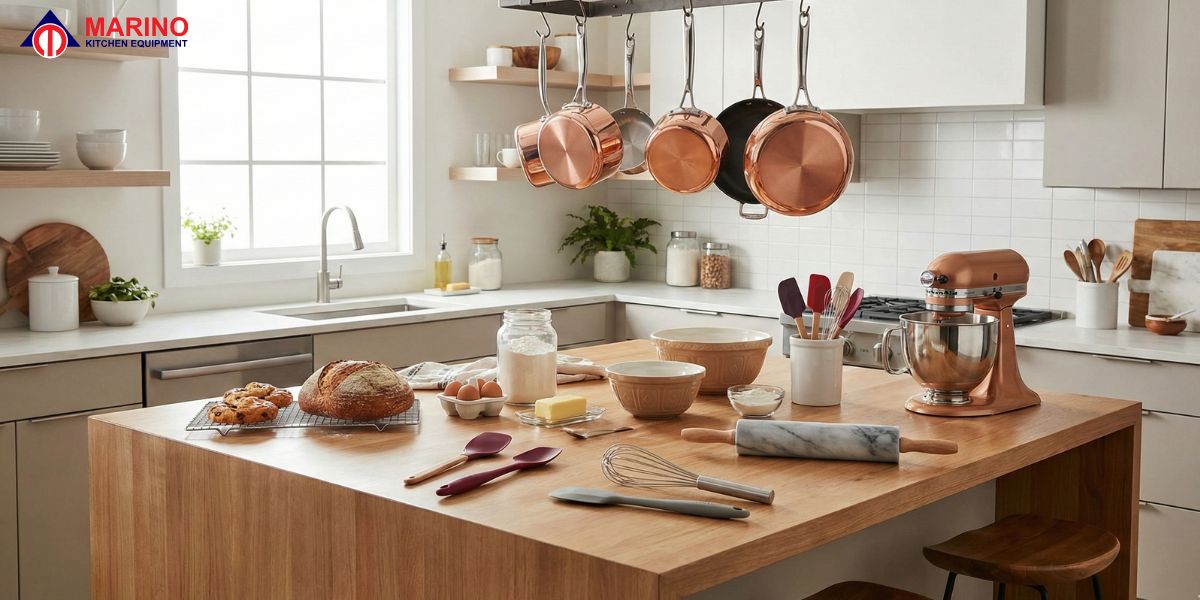 Modern home bakery kitchen with organized counters, baking tools, and fresh ingredients