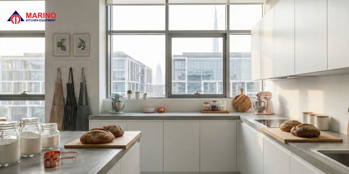 Modern home bakery kitchen with organized counters, baking tools, and fresh ingredients