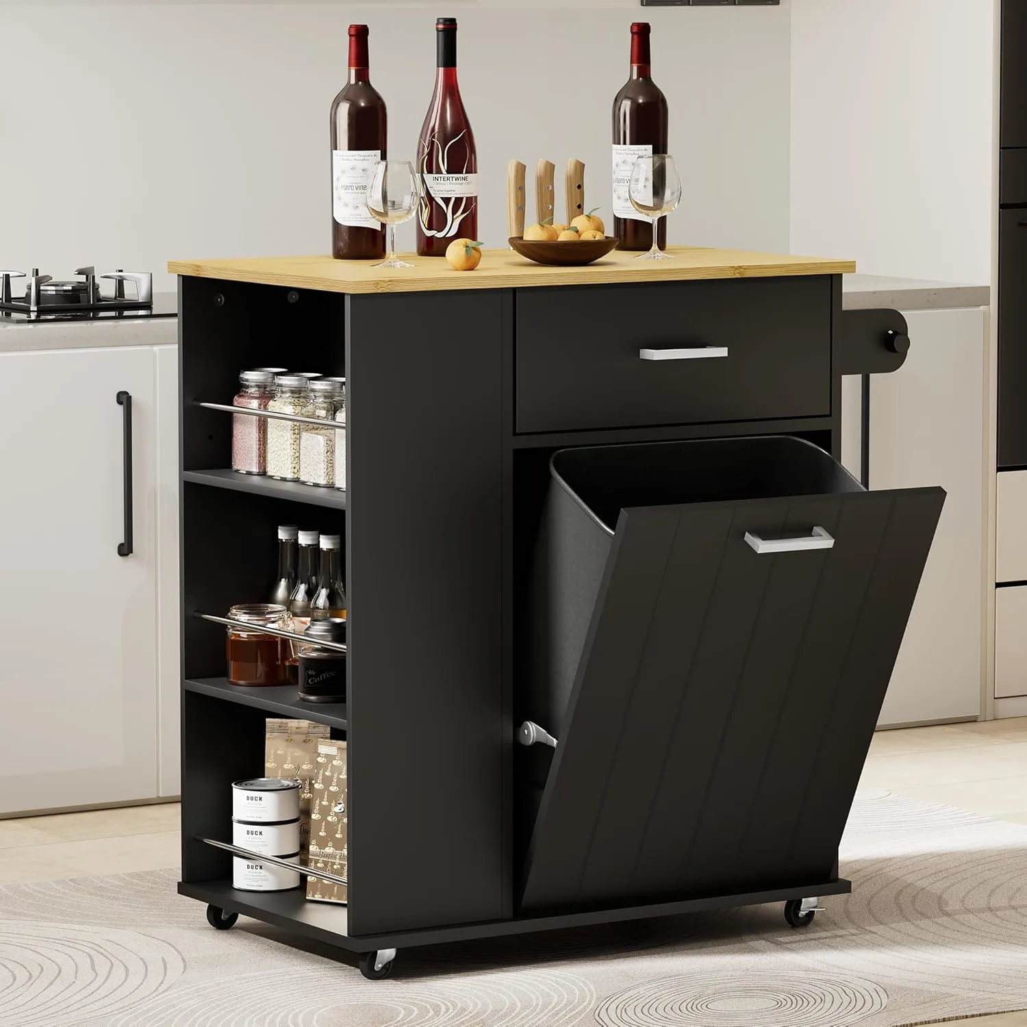 hqzx rolling kitchen island trash can storage black 1