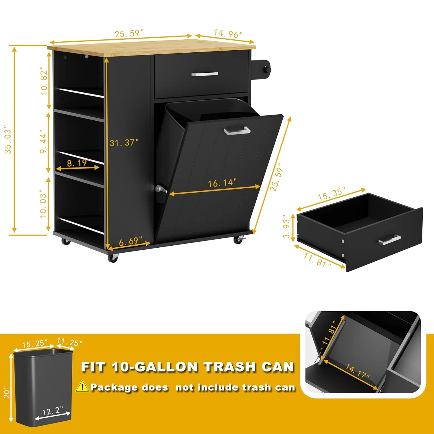 hqzx rolling kitchen island trash can storage black 2