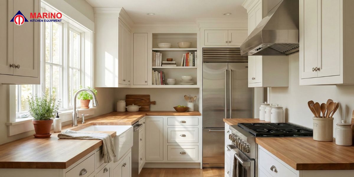 Modern home kitchen with white cabinets, wooden countertops, and natural sunlight