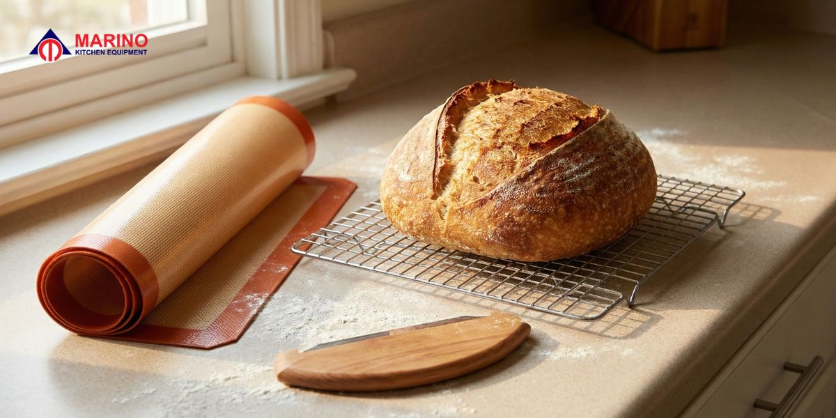 Freshly baked sourdough loaf next to a wooden bread lame and silicone bread mat on a kitchen counter.