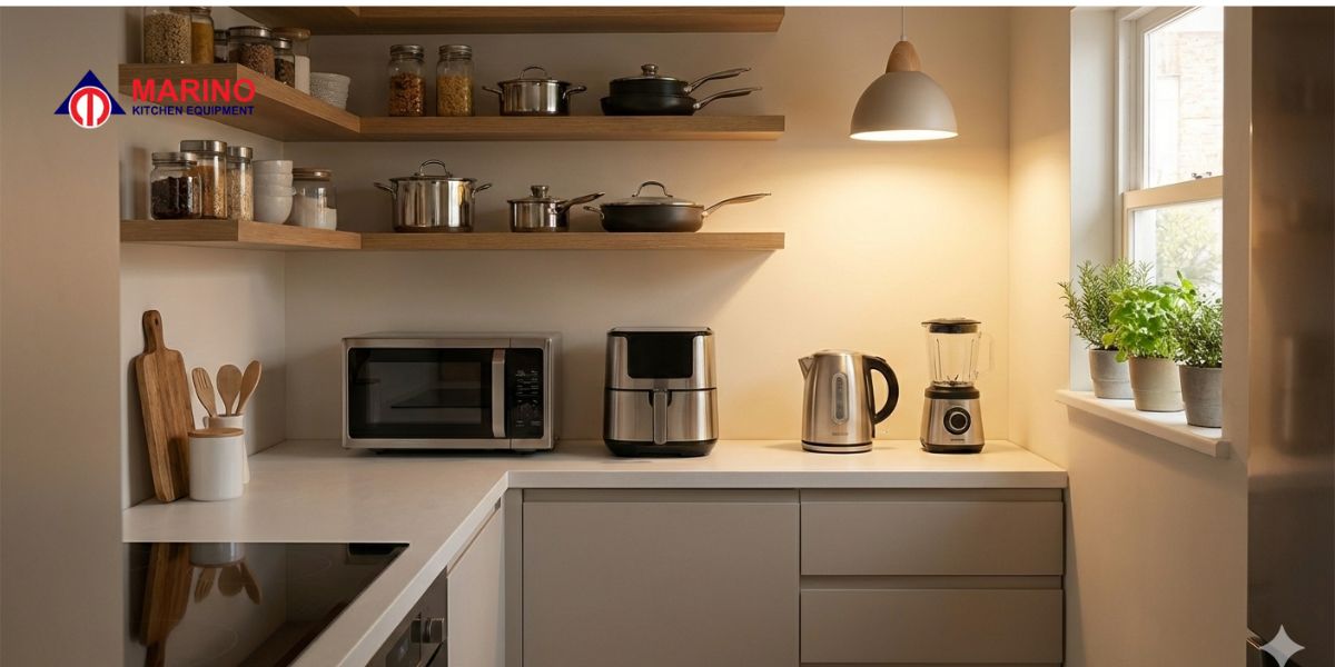 Modern kitchen appliances arranged in a stylish home kitchen setup
